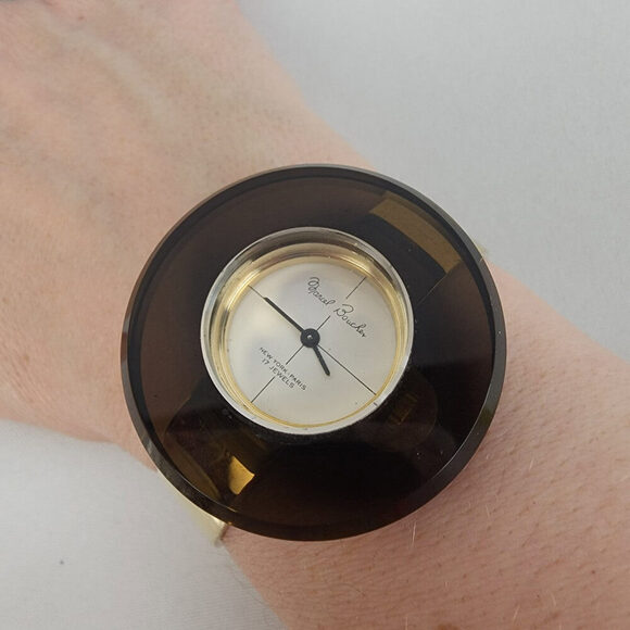 Vintage Marcel Boucher Brown Lucite 17 Jewels Gold Hinge Watch - Picture 1 of 7